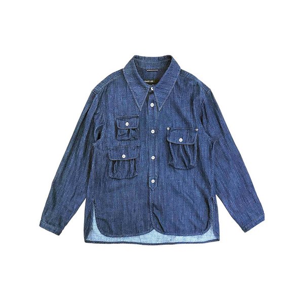 BLUE OVERSIZED MULTI-POCKET DENIM WASHED SHIRT