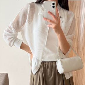 쿠우치 그물 스트링 집업 하이넥 구멍송송 가디건 아우터 휴가룩_P430406412