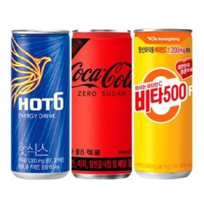 245~250ml 캔 음료 혼합 3종 각 8개 / 핫식스 8 + 코카콜라 제로 업소 8 + 비타500 8 / 총 24개