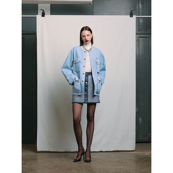 LIGHT BLUE CREWNECK TWEED WORKER JACKET