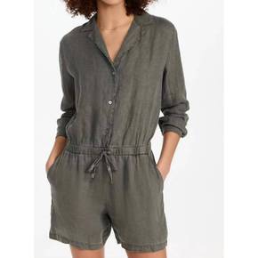 4476569 JAMES PERSE Linen Button Front Romper In Jungle Pigment