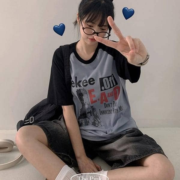 확대된 대표 더핑크 / 키오 오버핏 나그랑 배색 프린팅 반팔티