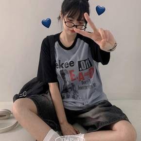 / 키오 오버핏 나그랑 배색 프린팅 반팔티