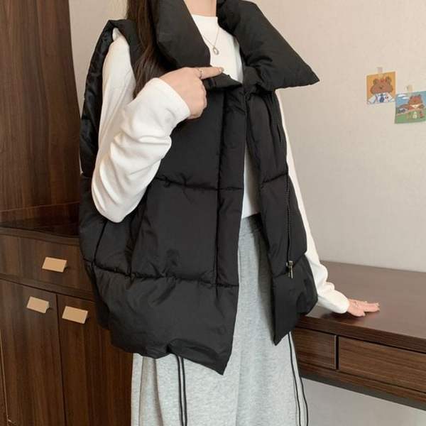 확대된 대표 여성 겨울 패딩조끼 사선지퍼 밑단 스트링 패딩베스트