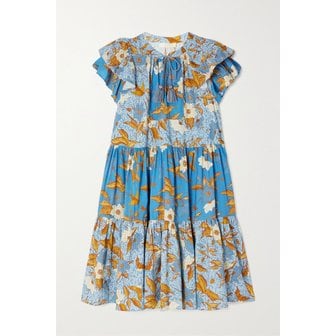 울라존슨 게일 러플 티어드 패치워크 플로럴 프린트 코튼 혼방 드레스 블루
