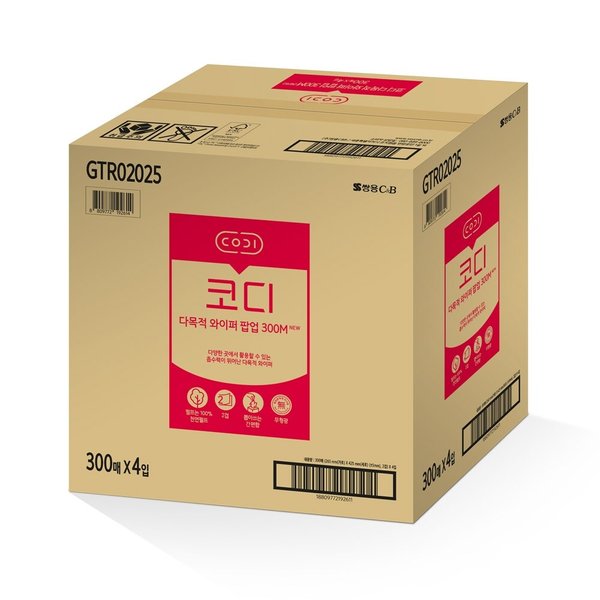 쌍용씨앤비 코디 다목적 와이퍼 팝업 2겹 300매 M 중형 4팩(NEW)