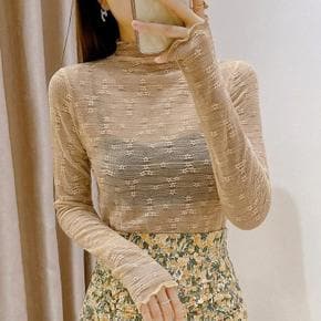여성 레이어드 이너 시스루 긴팔티 레이스 블라우스