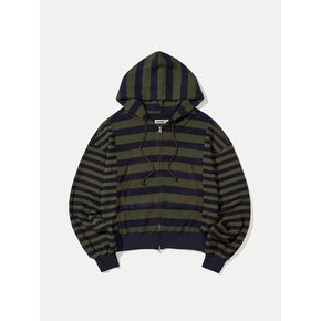 Striped knit hoodied zip up / Khaki blue