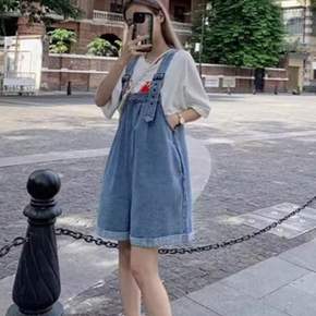 여성 데님 멜빵 바지 여성 반바지 멜빵 와이드 데일리 캐주얼 팬츠