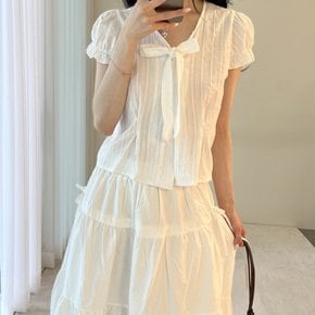 [옷자락] 여자 여름 여리핏 리본 프릴 숏퍼프 줄무늬 버튼 블라우스