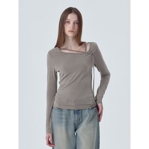 Strap Shirring T-Shirt, Ash Brown