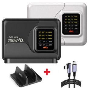 거치대사은품 200W LED 디스플레이 PD PPS 초고속 5포트 멀티충전기 GAN2-LCD220W 맥북충전
