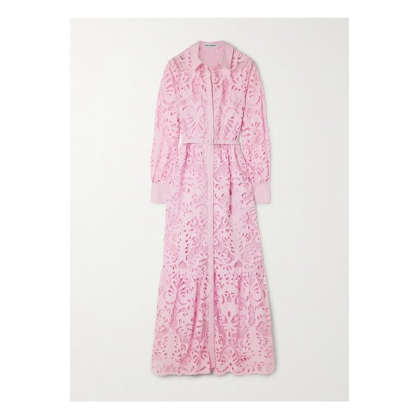 벨트 티어드 브로드리 앙글레즈 코튼 맥시 셔츠 드레스 핑크 1647597338867444