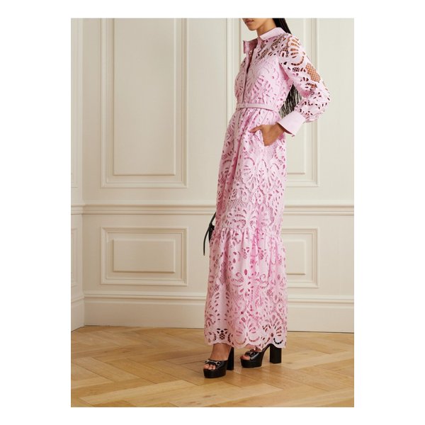 벨트 티어드 브로드리 앙글레즈 코튼 맥시 셔츠 드레스 핑크 1647597338867444