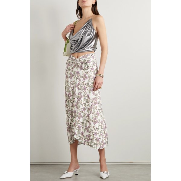 주네오 트위스트 프론트 플로럴 스트레치 저지 미디 스커트 1647597289963963