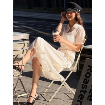 JOORTI [세트]글로시 새틴 시스루 블라우스+글로시 새틴 스커트 크림 J1966