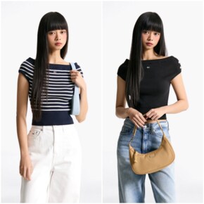 [장원영PICK] 여성 오프숄더 스트라이프 스웨터 T32F1KTO51TWT1 TOMMY JEANS