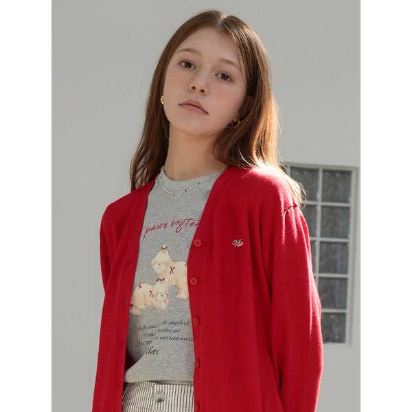 Logo Embroidered V-Neck Button Cardigan (red)