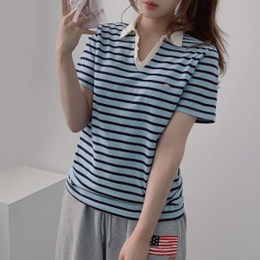 세컨드 펜던트 스트라이프 카라 V넥 반팔티셔츠3color