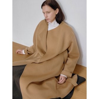 이보크에라 Cashmere Blend Handmade Long Coat With No Collar(Camel Beige)