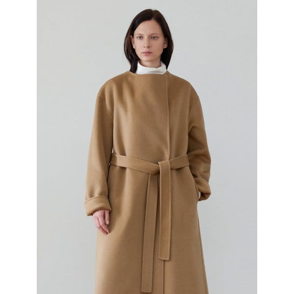 Cashmere Blend Handmade Long Coat With No Collar(Camel Beige)