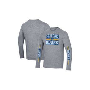 4276898 Champion Mens Heather Gray St. Louis Blues Tri-Blend Dual-Stripe Long Sleeve T-Shi