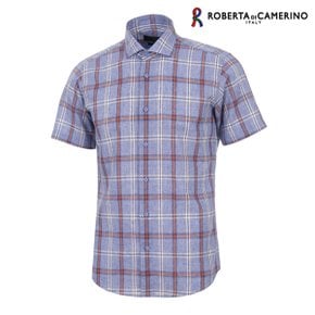 린넨 체크 슬림핏 블루 반소매 셔츠 RM2-251-2