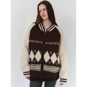 [ Wool 100% ] Unisex Argyle knit zip-up - Brown