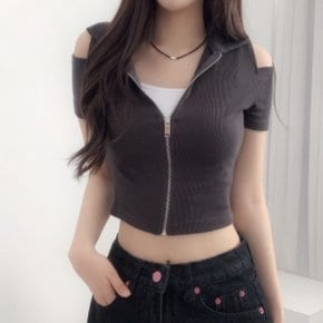 슬림 컷아웃 숄더 카라 반팔 집업