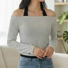 여성 오프숄더 스트라이프 긴팔티 홀터넥 레이어드 Slim핏 티셔츠 긴