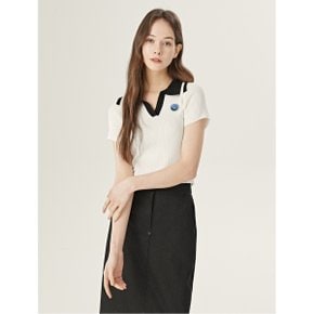 배색 카라 트임 슬림핏 크롭 반팔 니트 (DO1KT038A)