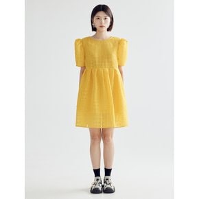 CHECK VOLUME MINI DRESS - MUSTARD