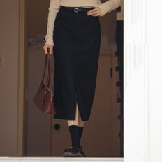 H-line wool blend slit skirt_Black