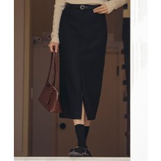 H-line wool blend slit skirt_Black