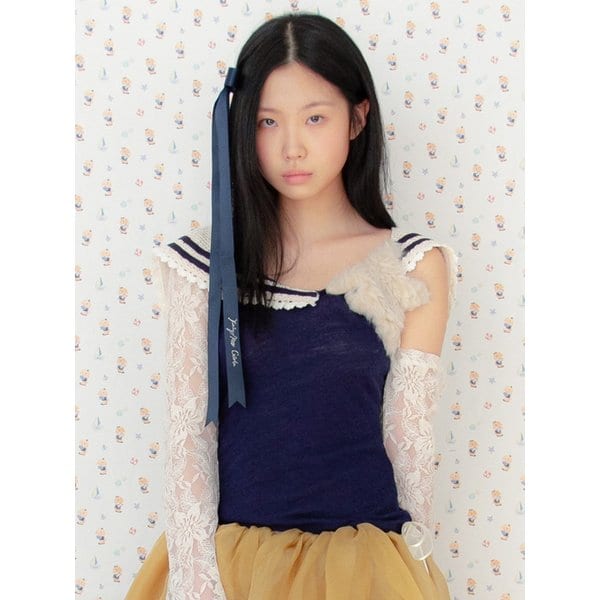 Sea Moon Fairy Lace Long Sleeve Star Navy Collar Top