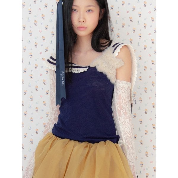 Sea Moon Fairy Lace Long Sleeve Star Navy Collar Top