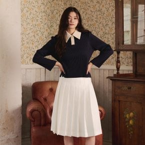 [여성] 코듀로이 카라배색 플리츠 크롭 티셔츠 (네이비)