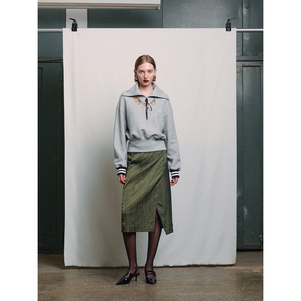 KHAKI WRINKLED SELF TIE MIDI WRAP SKIRT