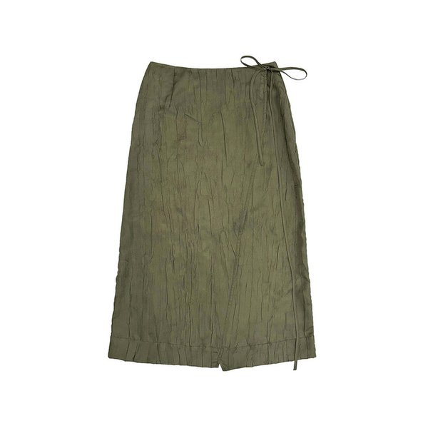 KHAKI WRINKLED SELF TIE MIDI WRAP SKIRT