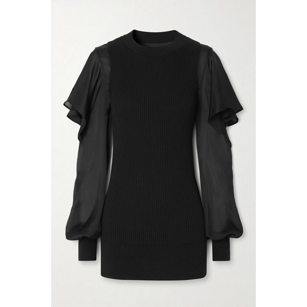 골지 면과 러플 쉬폰 탑 블랙 46376663162958862