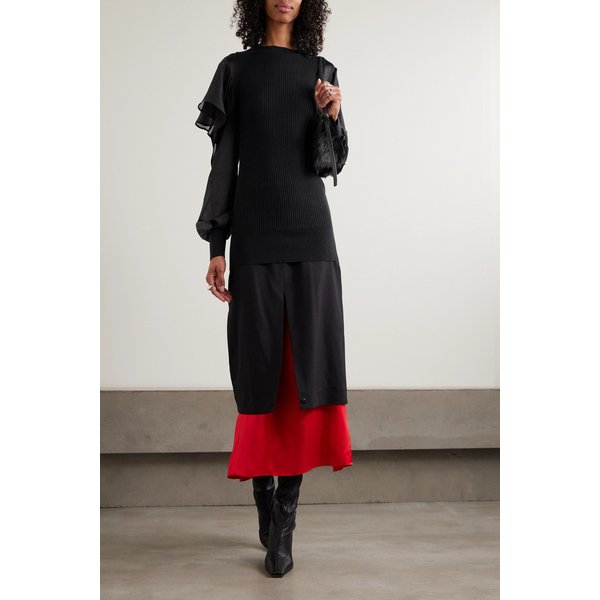 골지 면과 러플 쉬폰 탑 블랙 46376663162958862