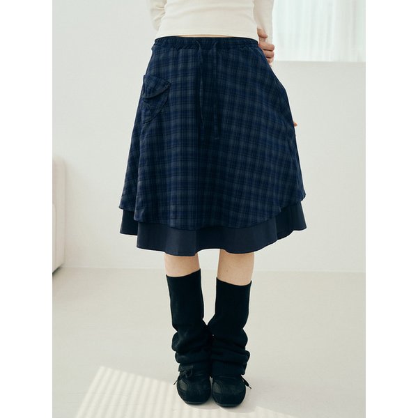 Check Pocket Midi Skirt Navy