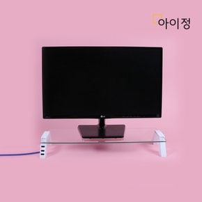 강화유리 모니터 받침대 USB 컴팩트 화이트