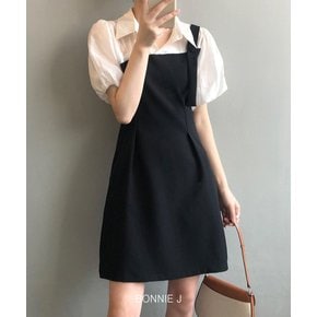 카라 반팔 셔츠 배색 뷔스티에 미니 원피스 퍼프 소매 레이어드 핀턱 A라인 하객 원피스 출근룩