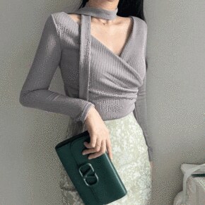 오스틴 브이넥 스카프 골지 랩 글램 쫀쫀 슬림 티셔츠 3color _P373473621
