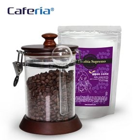 Caferia 나무/아크릴 밀폐용기 750ml+콜롬비아 수프리모 200g(CA2-C7) [보관용기/볶은원두/커피콩/드립커비/커피용품]