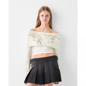 4657317 Bershka Embroidered Long Sleeve Off-the-shoulder Sweater - Off White