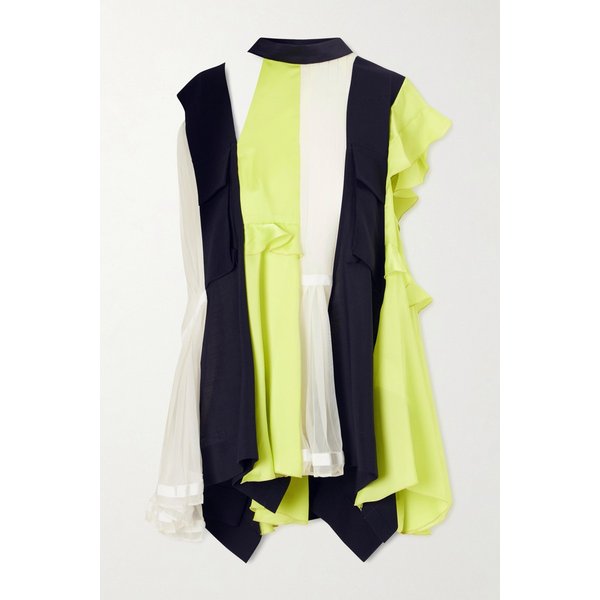 패널 러플 플리츠 울 새틴 시폰 블라우스 네이비 46376663163025219