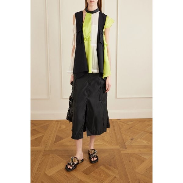 패널 러플 플리츠 울 새틴 시폰 블라우스 네이비 46376663163025219