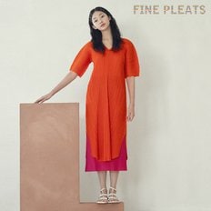 [FINE PLEATS] 피네 플리츠 브이넥 커팅 원피스 네온 오렌지